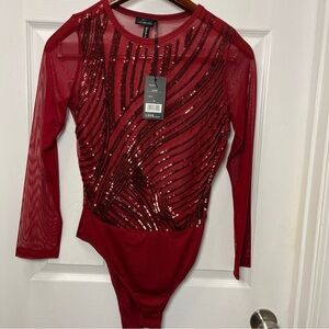 Love University Red Sequin Long Sleeve Bodysuit size Medium